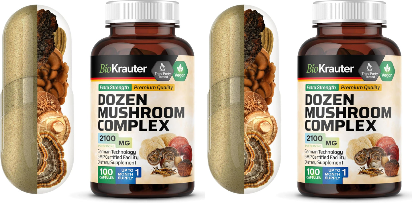 BIO KRAUTER Dozen Mushroom Complex Capsules 2100 mg Blend - 12 Extracts, 100 Vegan Caps - Pack of 2