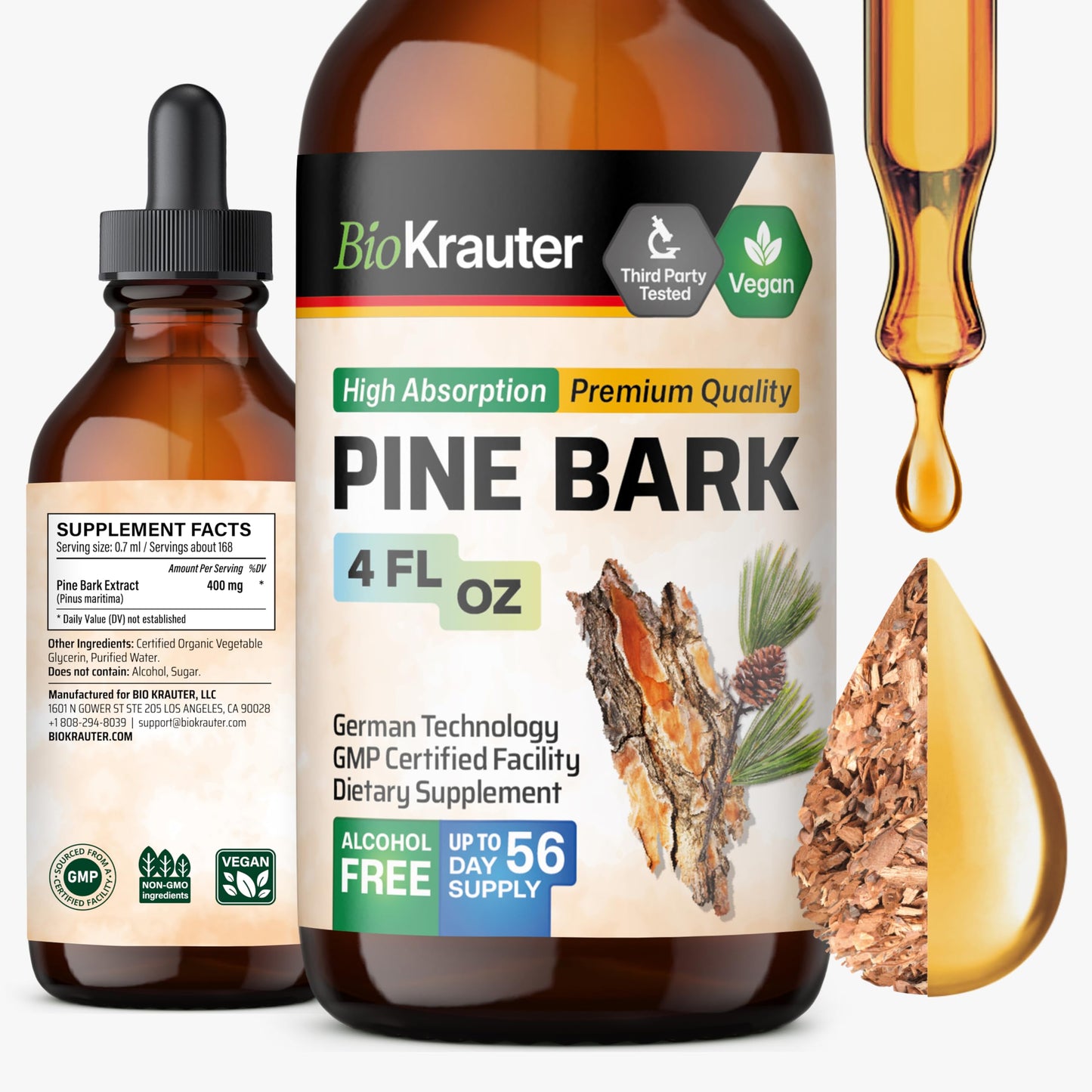 BIO KRAUTER Pine Bark Extract Drops – 400 mg, French Maritime Pine Bark, Vegan, Alcohol & Sugar Free – 4 Fl Oz