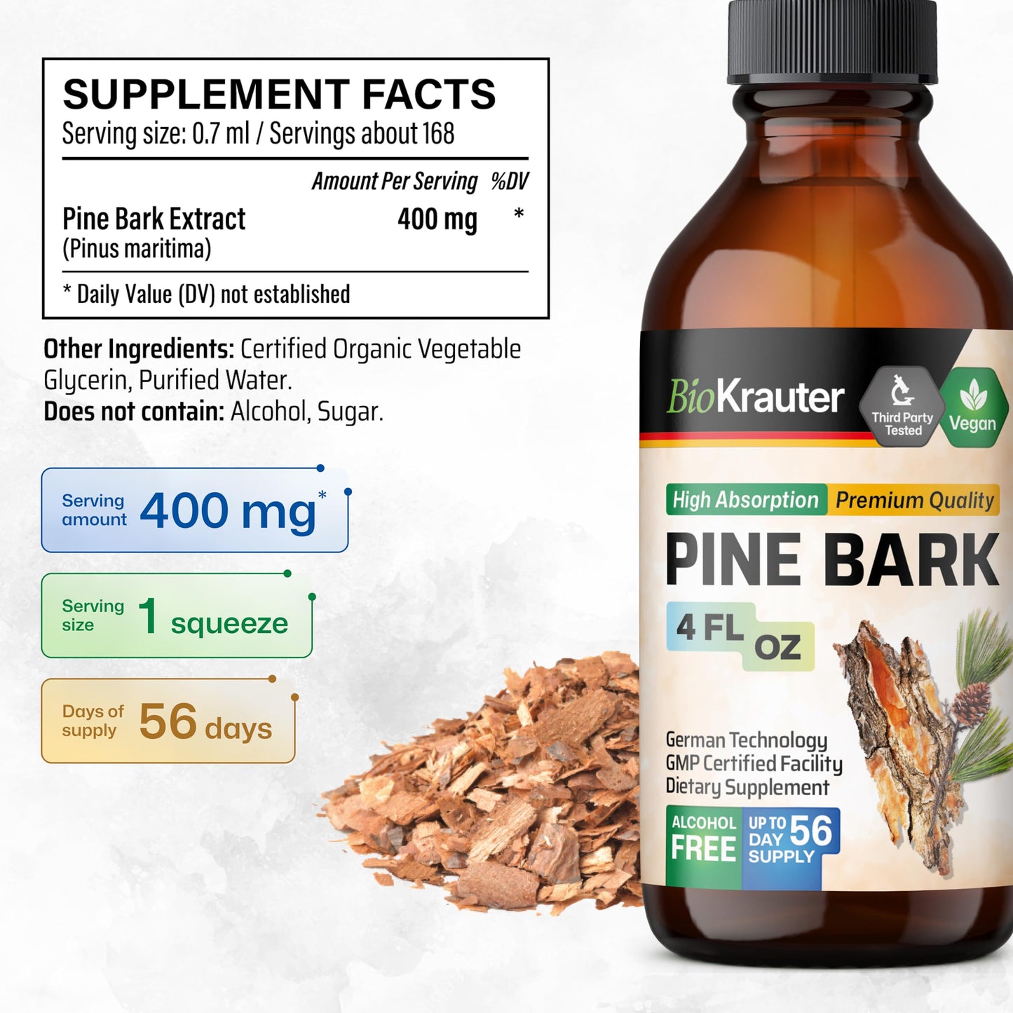 BIO KRAUTER Pine Bark Extract Drops – 400 mg, French Maritime Pine Bark, Vegan, Alcohol & Sugar Free – 4 Fl Oz