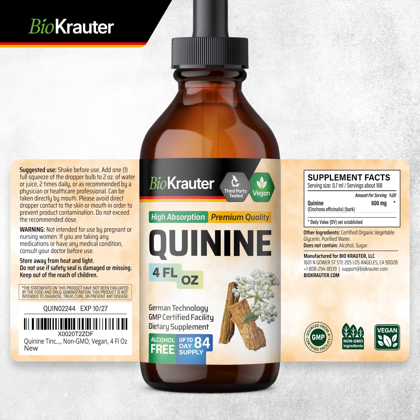 BIO KRAUTER Quinine for Leg Cramps Tincture - Cinchona Bark Extract - Vegan Quinine Liquid - Alcohol & Sugar Free 4 Fl Oz