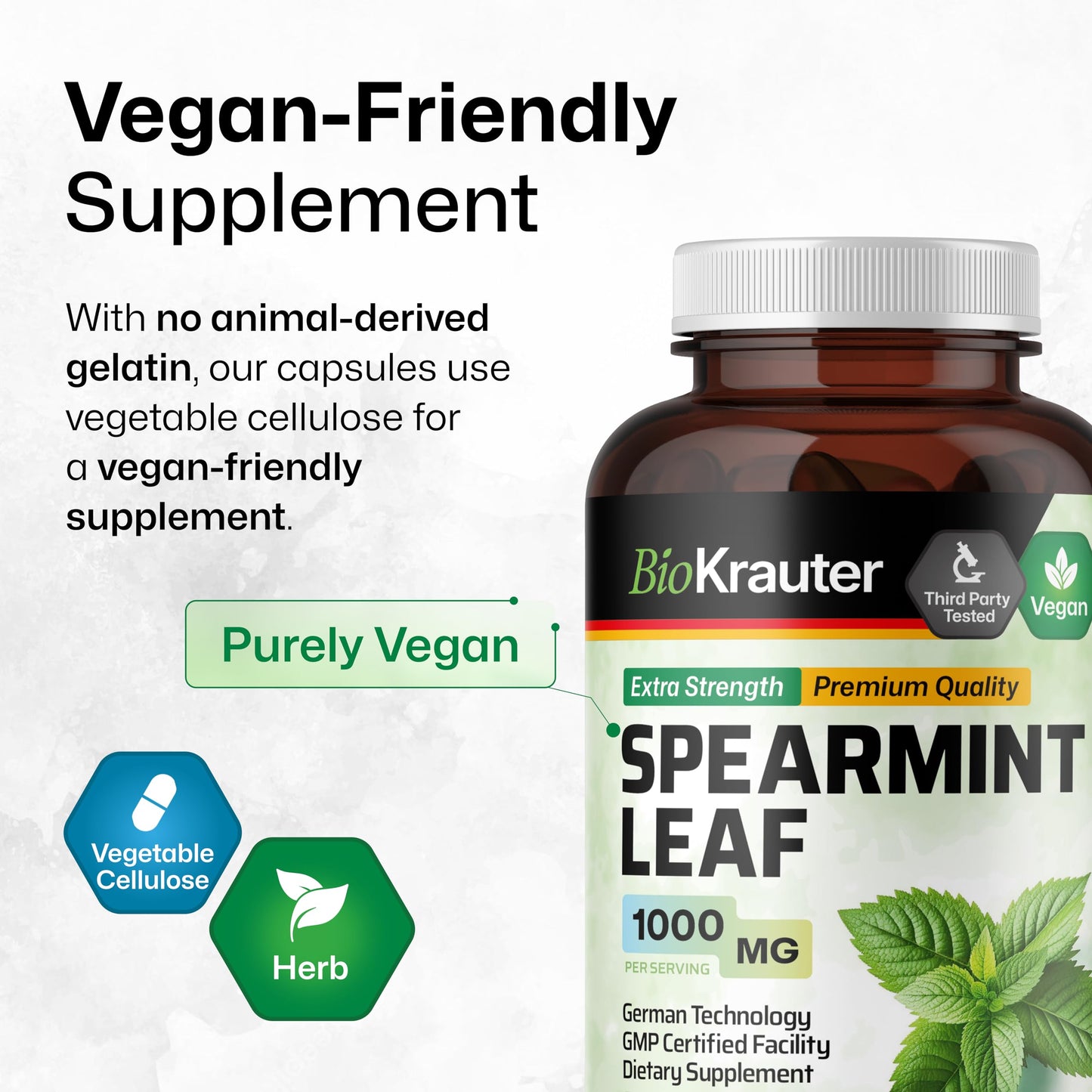 BIO KRAUTER Spearmint Capsules 1000 mg - 250 Count - Vegan Spearmint Supplement