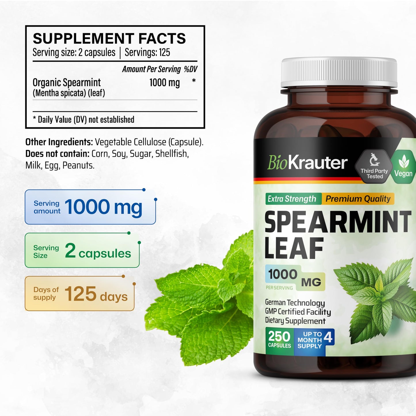 BIO KRAUTER Spearmint Capsules 1000 mg - 250 Count - Vegan Spearmint Supplement