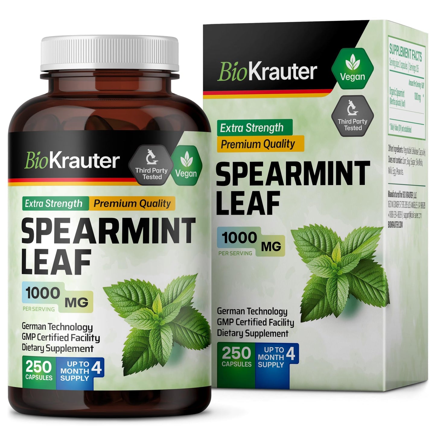 BIO KRAUTER Spearmint Capsules 1000 mg - 250 Count - Vegan Spearmint Supplement
