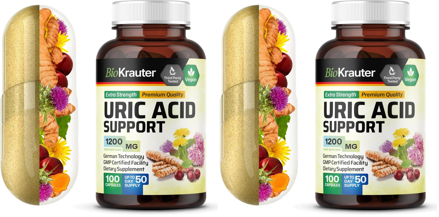 BIO KRAUTER Uric Acid Support Capsules 1200 mg - 2-Pack, 100 Count, Vegan Kidney Support