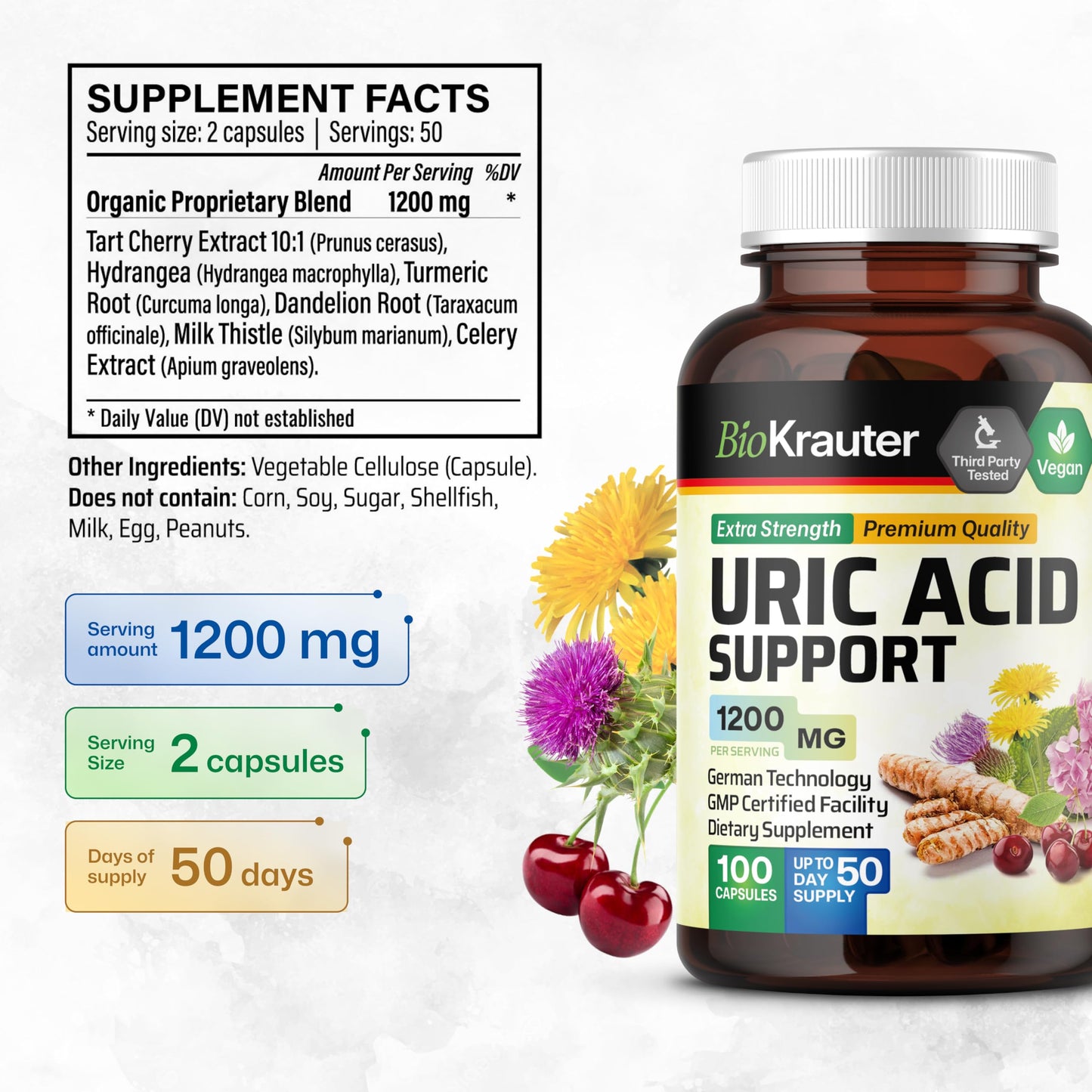 BIO KRAUTER Uric Acid Support Capsules 1200 mg - 2-Pack, 100 Count, Vegan Kidney Support
