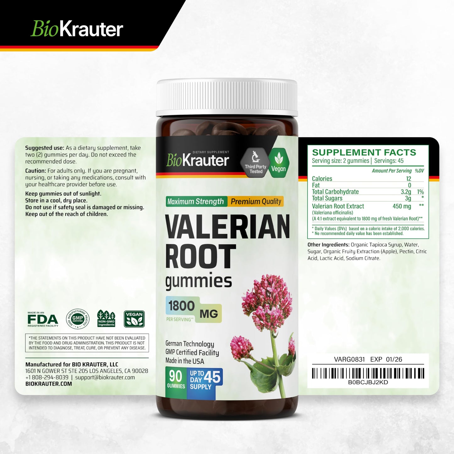 BIO KRAUTER Valerian Root Gummies - 1800 mg Strength, 90 Vegan Chews, No Melatonin