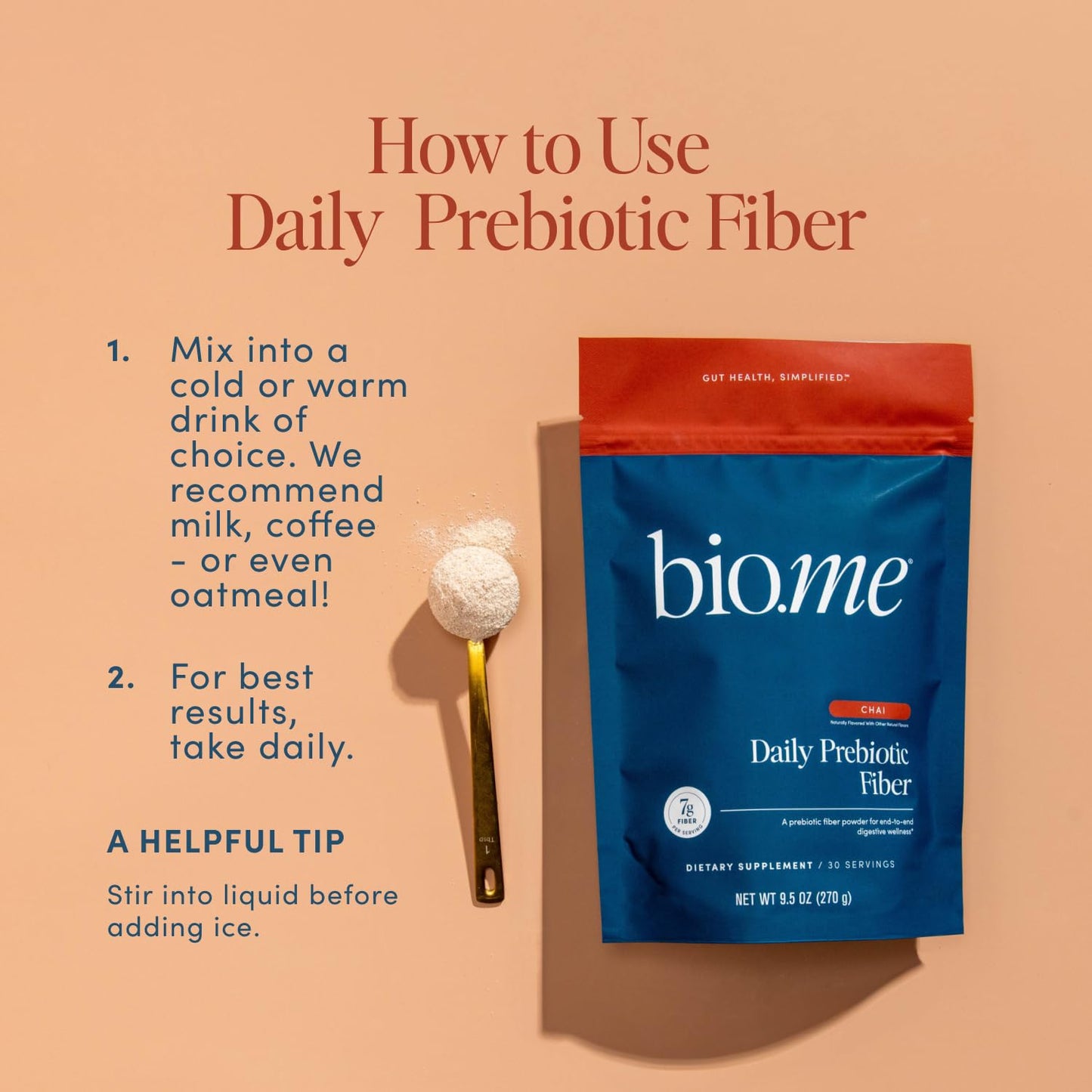 Bio.me Daily Prebiotic Fiber Powder – Chai, 7g per Serving | Digestive & Gut Health