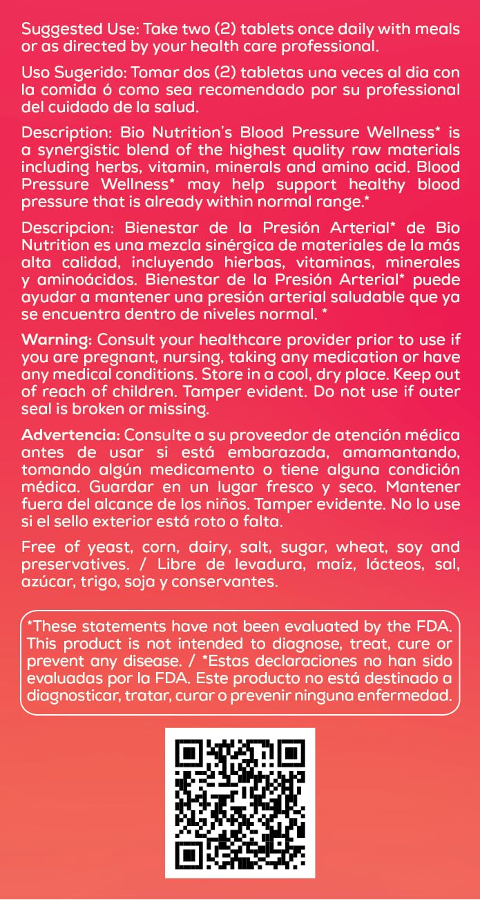 Bio Nutrition Blood Pressure Wellness 60 Tablets (2 Pack) - Supports Healthy Circulation