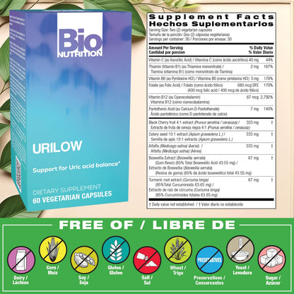 Bio Nutrition Urilow 60 Vegetarian Capsules | Urinary Health & Uric Acid Balance