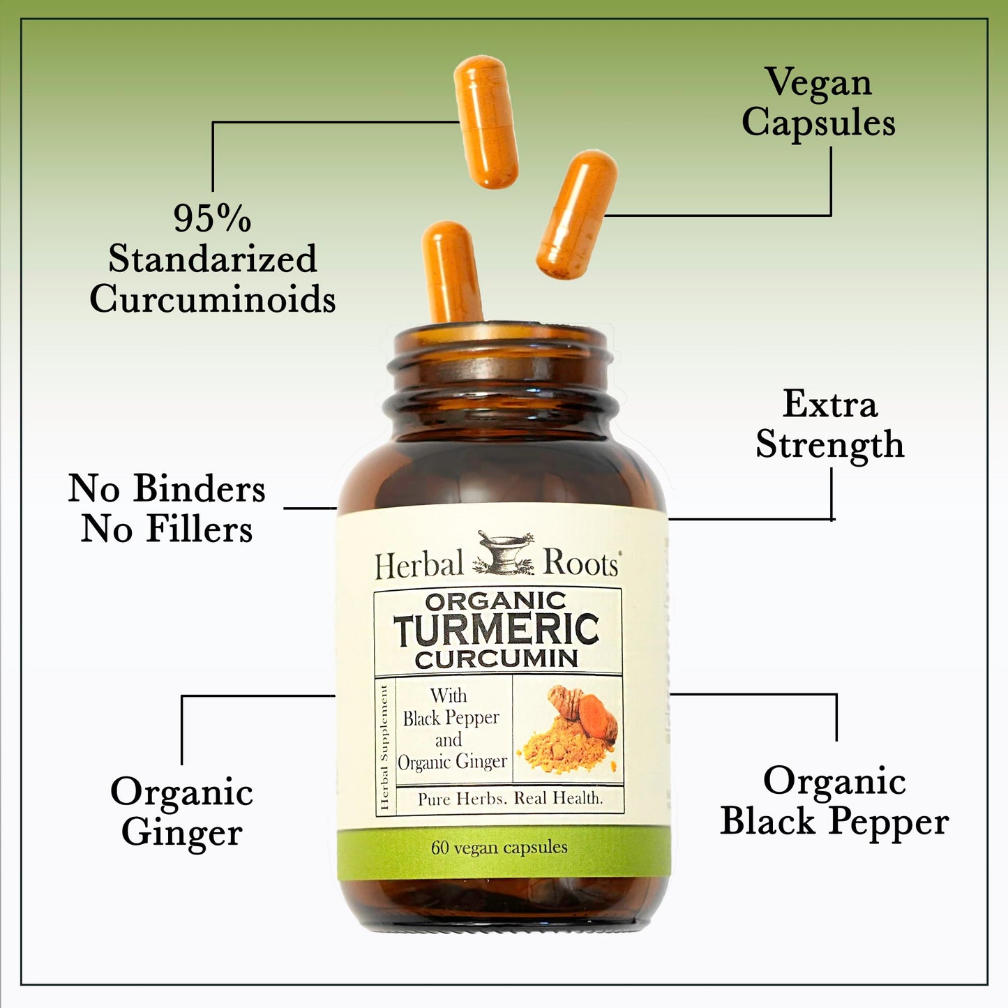 Herbal Roots - Turmeric Curcumin Capsules - Extra Strength - 1000mg Pure Organic Turmeric Supplement, 95% Standardized Curcumin Extract with BioPerine Pepper and Ginger