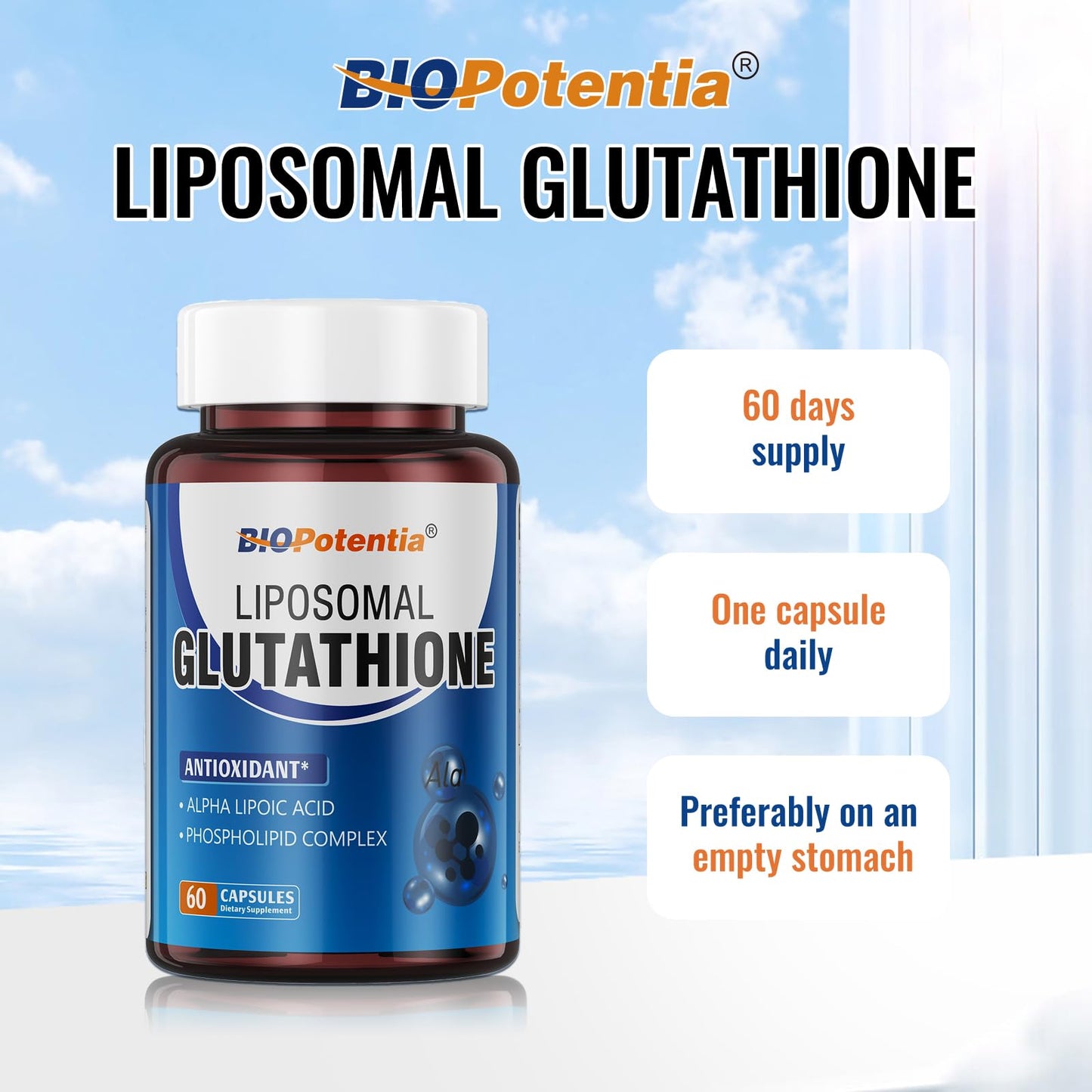 BIO POTENTIA Liposomal Glutathione 500mg + Alpha Lipoic Acid – Antioxidant, Liver & Skin Health (60 Capsules) | Non-GMO & Gluten-Free