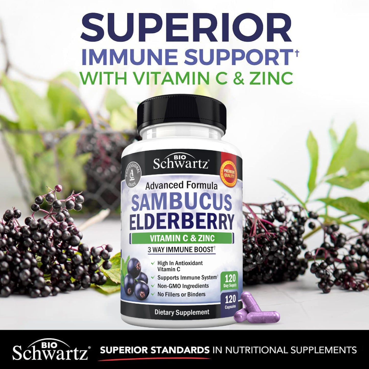 BioSchwartz Elderberry Capsules with Zinc & Vitamin C – Immune Support for Adults (120 Count)