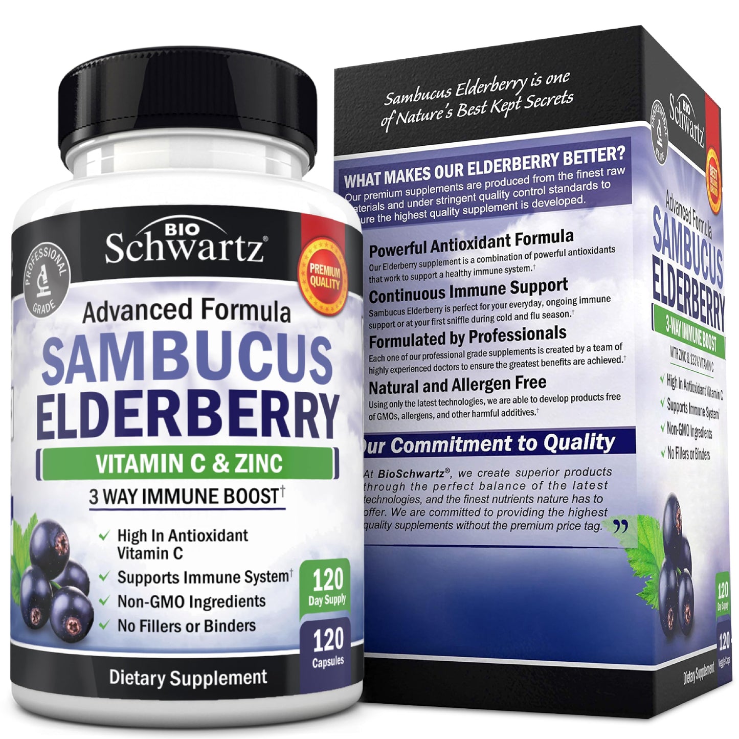 BioSchwartz Elderberry Capsules with Zinc & Vitamin C – Immune Support for Adults (120 Count)
