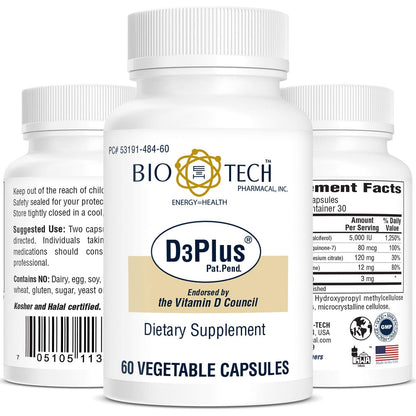 Bio-Tech Pharmacal D3 Plus (60 Count) - Vitamin D3 with K2, Magnesium and Zinc