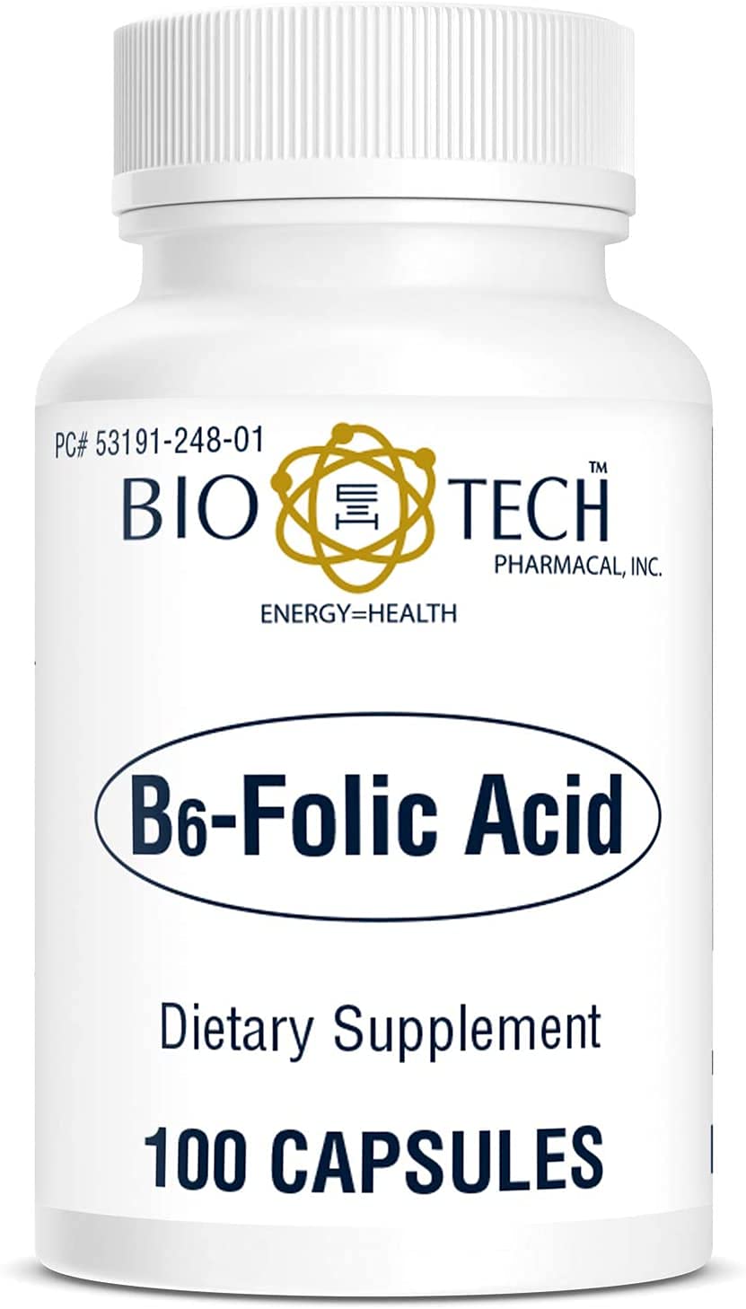 Bio-Tech Pharmacal B6-Folic Acid 100 Capsules | All-Natural Supplement | Supports Cardiovascular, Bone & Nervous System Health | No Dairy, Fish, Gluten, Peanut, Shellfish, Halal, & Soy