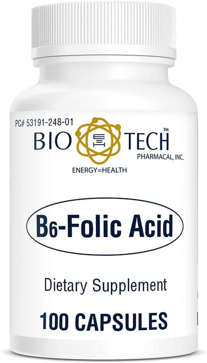 Bio-Tech Pharmacal B6-Folic Acid 100 Capsules | All-Natural Supplement | Supports Cardiovascular, Bone & Nervous System Health | No Dairy, Fish, Gluten, Peanut, Shellfish, Halal, & Soy