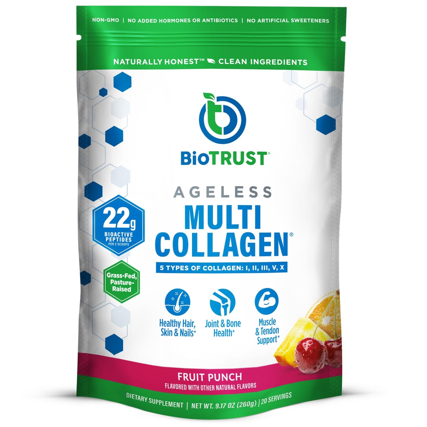 BioTrust Ageless Multi Collagen Peptides Powder – 5 Types (I-V-X) – Fruit Punch
