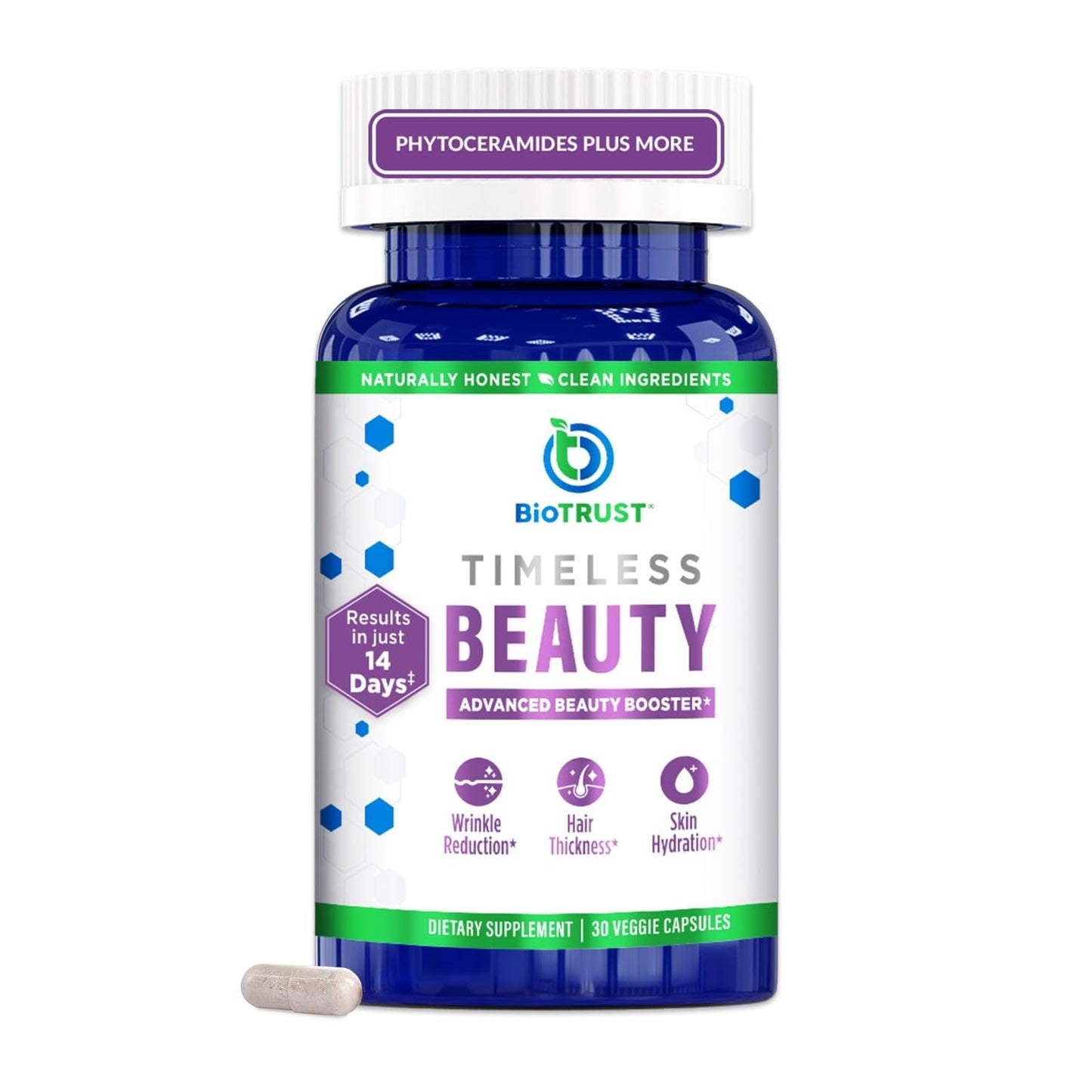BioTrust Timeless Beauty Ceramide Booster – Hair & Skin Restoring Phytoceramides Supplement + Vitamin C, Vitamin E, Biotin, Zinc, Hyaluronic Acid – Potent Blend for Hair, Skin & Nails - 30 Capsules