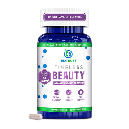 BioTrust Timeless Beauty Ceramide Booster – Hair & Skin Restoring Phytoceramides Supplement + Vitamin C, Vitamin E, Biotin, Zinc, Hyaluronic Acid – Potent Blend for Hair, Skin & Nails - 30 Capsules