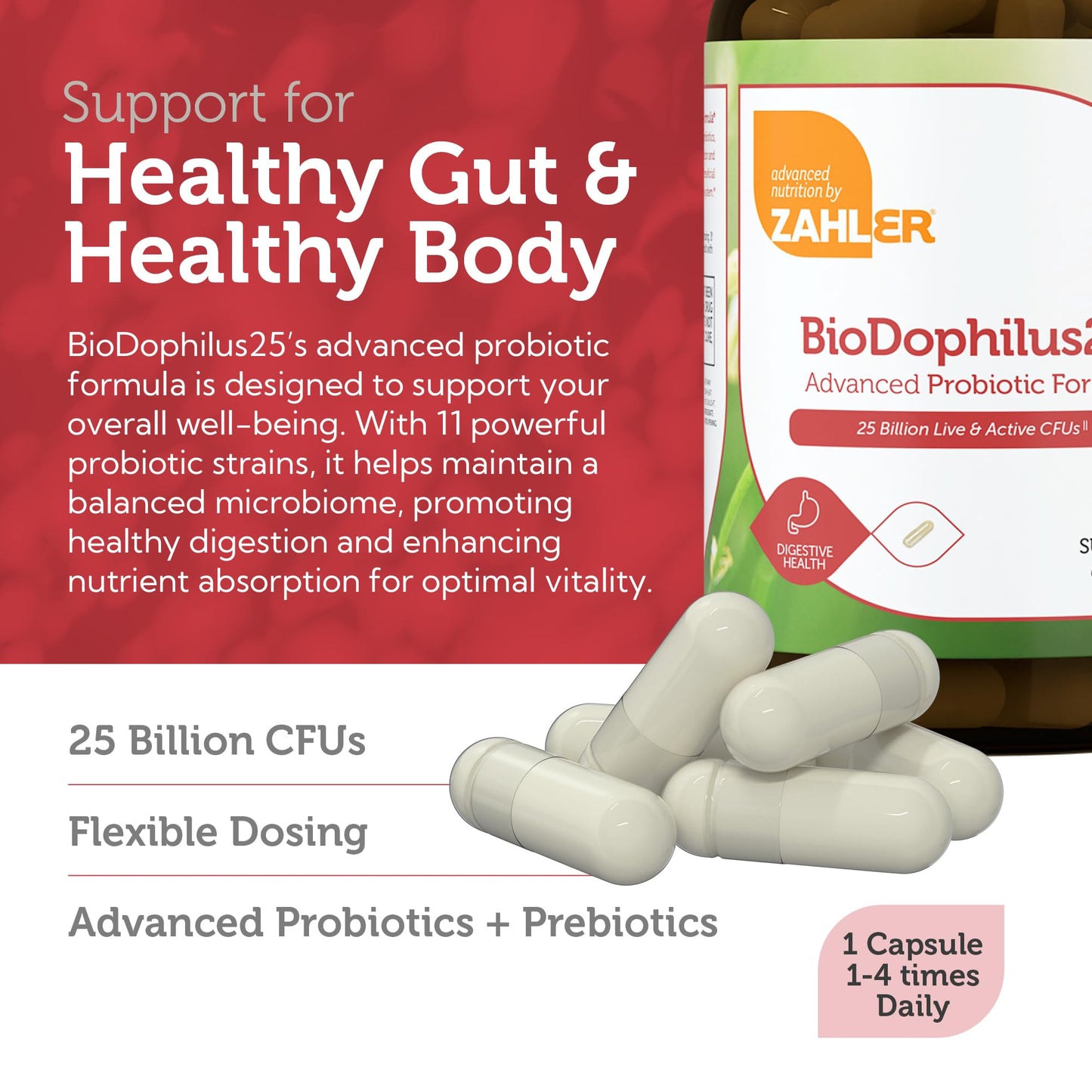 BioDophilus25 Probiotic + Prebiotic - 25 Billion CFU, 11 Strains | Zahler - 120 Capsules