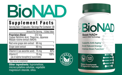 BioNAD NAD+ Natural Energy Booster - Boost NAD+, Supports Cardiovascular Health - Vegan/Non-GMO