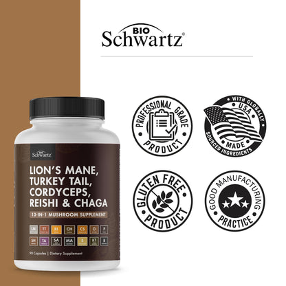 BioSchwartz 13-in-1 Mushroom Complex Capsules | Organic Lions Mane, Chaga, Reishi, Cordyceps | BioPerine - 90 Count