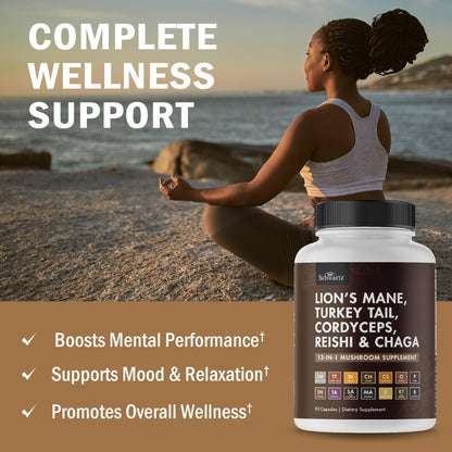 BioSchwartz 13-in-1 Mushroom Complex Capsules | Organic Lions Mane, Chaga, Reishi, Cordyceps | BioPerine - 90 Count