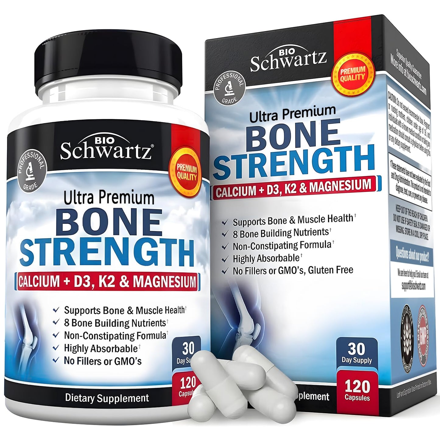 BioSchwartz Bone Strength Supplement - 9-in-1 Calcium Magnesium Zinc D3 K2 | 3rd Party Tested
