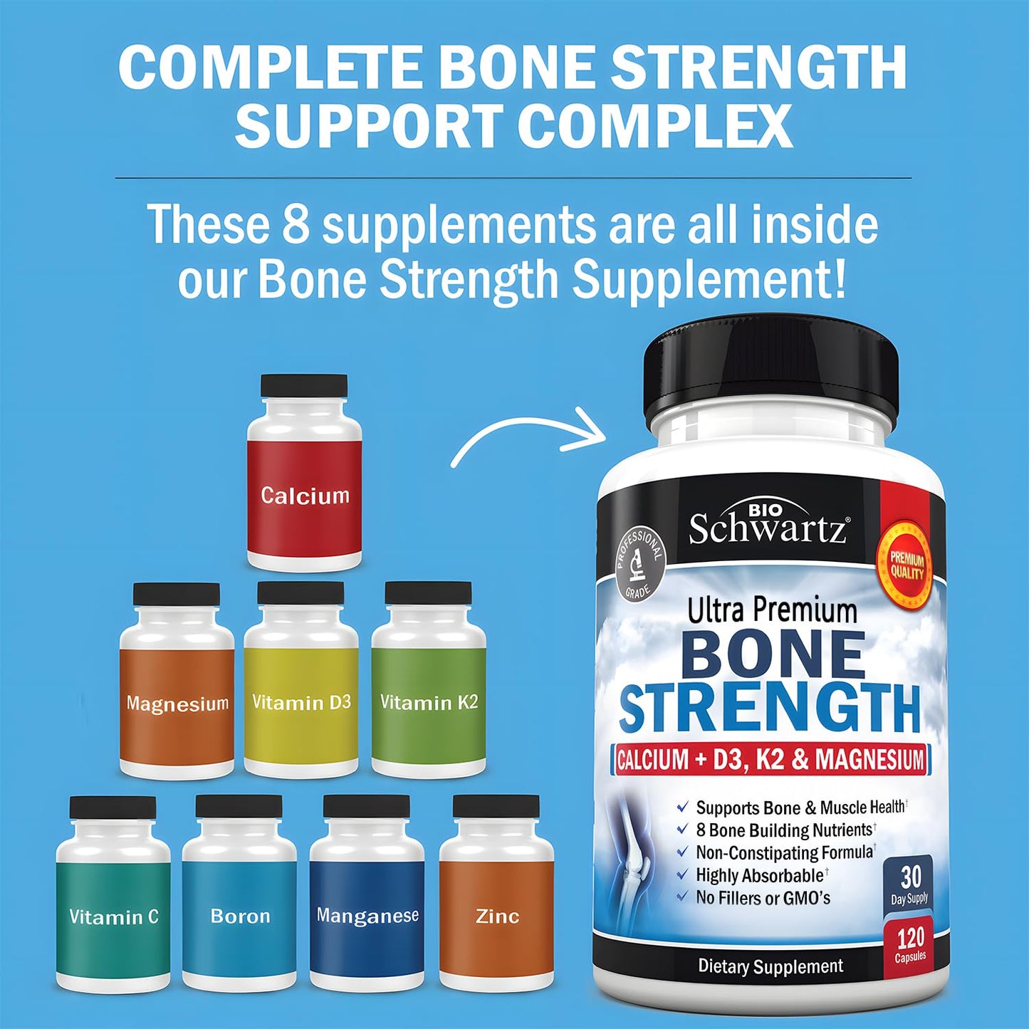 BioSchwartz Bone Strength Supplement - 9-in-1 Calcium Magnesium Zinc D3 K2 | 3rd Party Tested