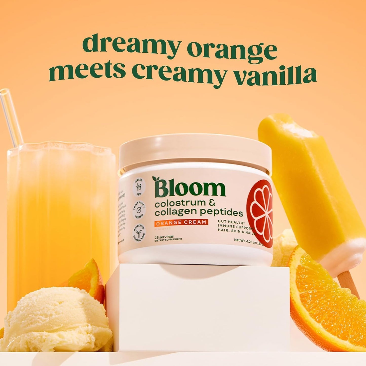 Bloom Nutrition Bovine Colostrum Powder – Gut Health & Immune Support, Orange Cream, Gluten Free & Sugar Free, 25 Servings