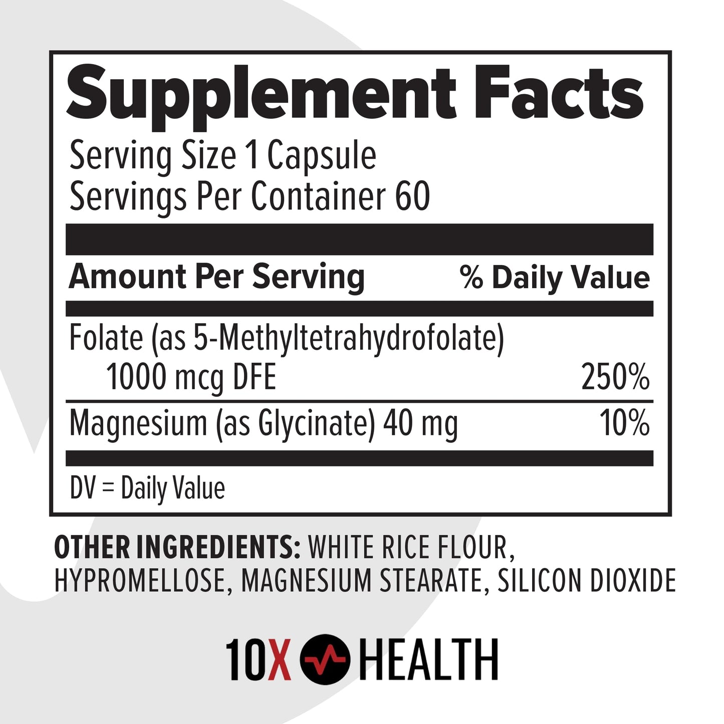10X Health 5-MTHF Methylfolate with Magnesium | 60 Capsules