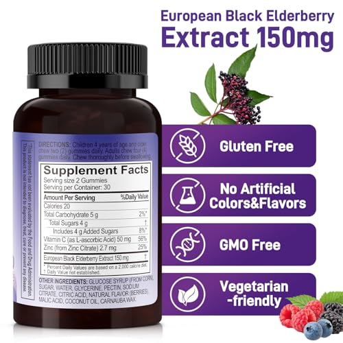 Biobor Natural Black Elderberry Gummies 150mg – ElderCraft® Immune Support with Vitamin C & Zinc (60 Count)