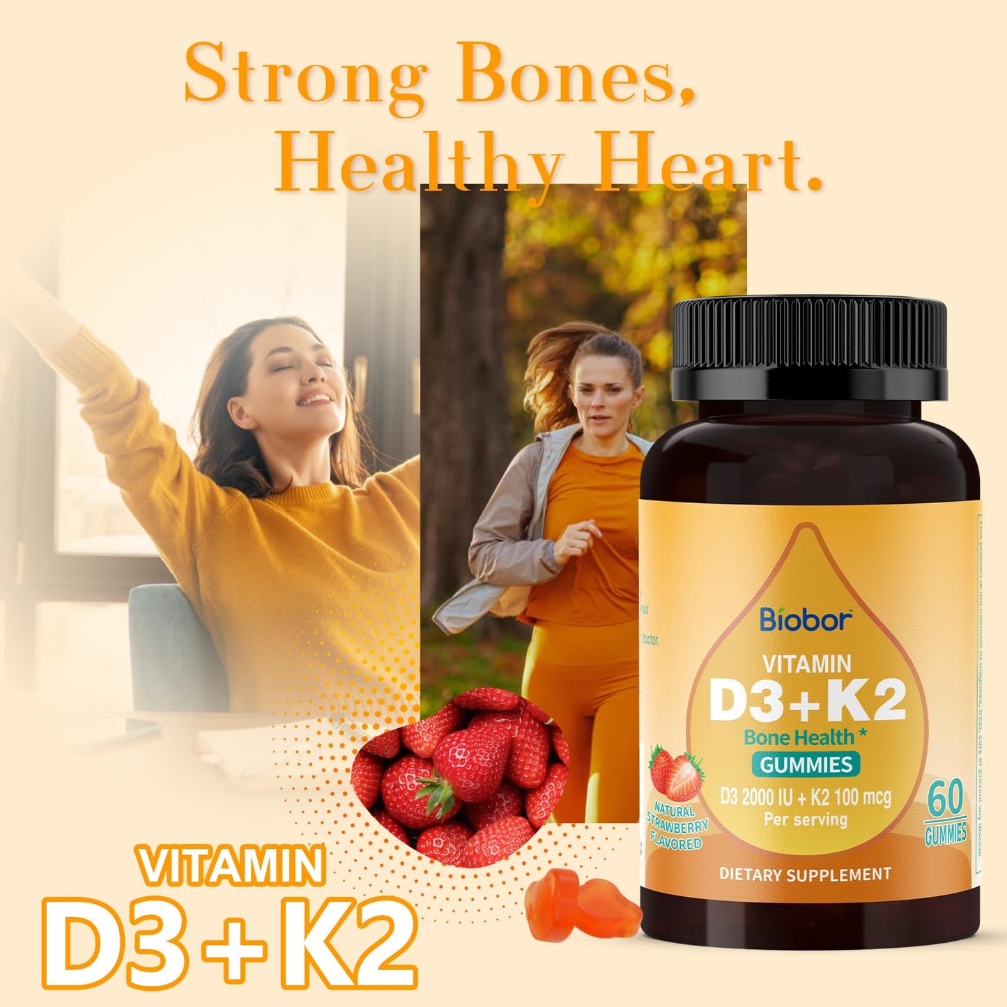Biobor Vitamin D3 K2 Gummies – 2000 IU D3 & 100 mcg K2, 60 Count