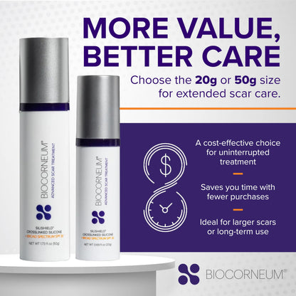 Biocorneum Advanced Scar Treatment with Silishield and SPF 30 (50g) – Silicone Scar Gel for Surgical & Old Scars