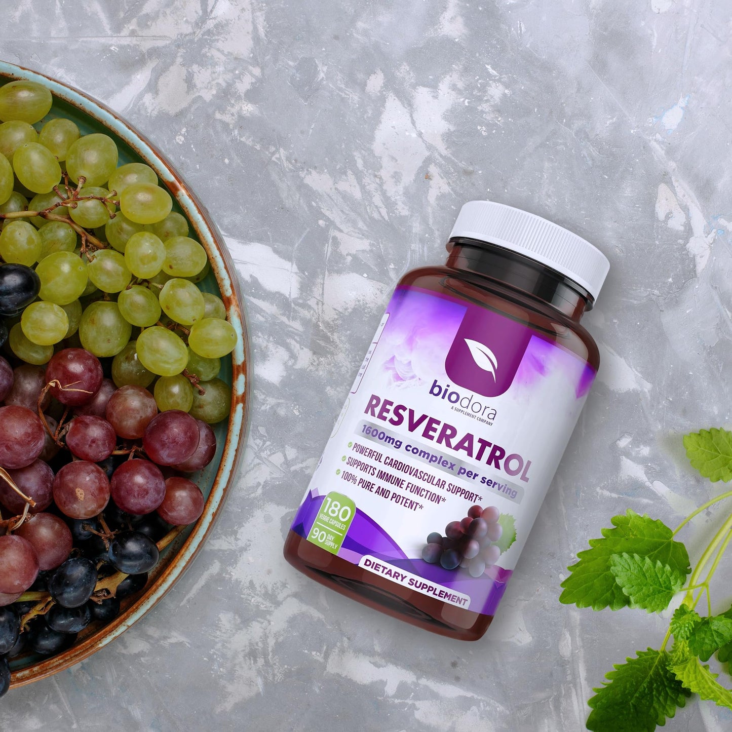 Biodora Resveratrol 1600mg – Trans-Resveratrol Antioxidant with Green Tea, Grape Seed & Quercetin | 180 Capsules