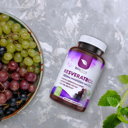 Biodora Resveratrol 1600mg – Trans-Resveratrol Antioxidant with Green Tea, Grape Seed & Quercetin | 180 Capsules