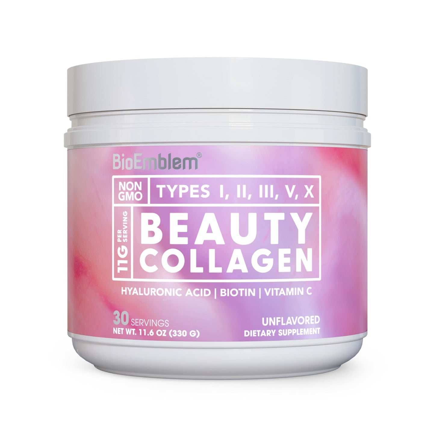 BioEmblem Beauty Collagen – 11G Hydrolyzed Multi-Collagen Peptides, Hyaluronic Acid, Vitamin C & Biotin – 30 Servings