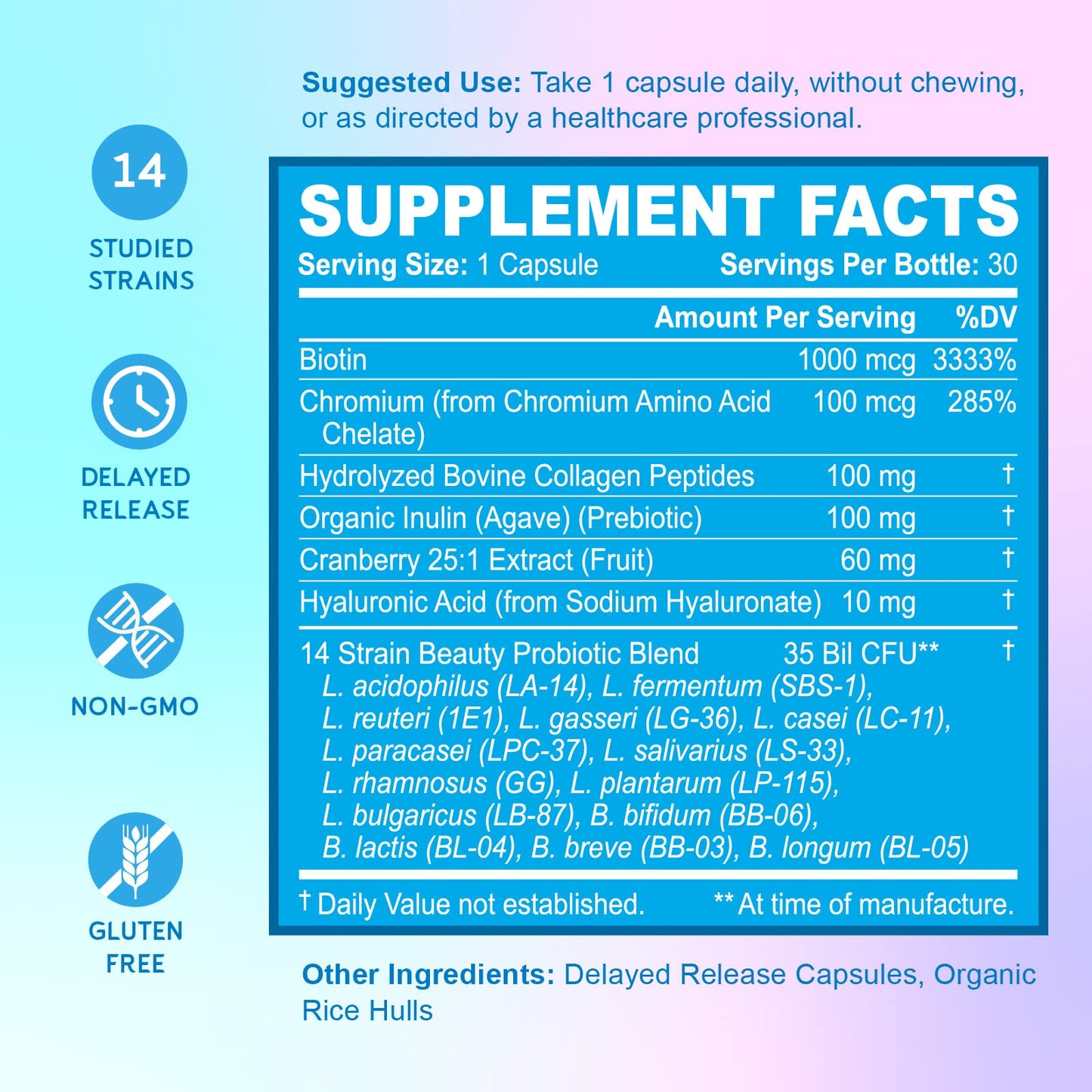 BioEmblem Beauty Probiotics for Women – 35B CFU, 14 Strains, Biotin & Collagen, 90 Caps