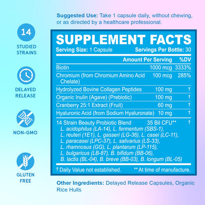 BioEmblem Beauty Probiotics for Women – 35B CFU, 14 Strains, Biotin & Collagen, 90 Caps