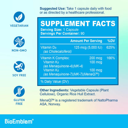 BioEmblem Vitamin D3 K2 Capsules (5000IU/200mcg) – 3-in-1 MK7 MK4, Vegetarian, Non-GMO, 90 Caps