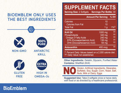 BioEmblem Antarctic Krill Oil 1000mg | Omega-3 EPA DHA • 60 Softgels • Non-GMO