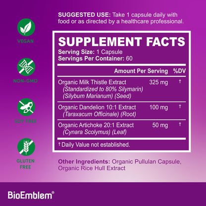 BioEmblem USDA Organic Liver Cleanse – 80% Silymarin Milk Thistle, 60 Caps