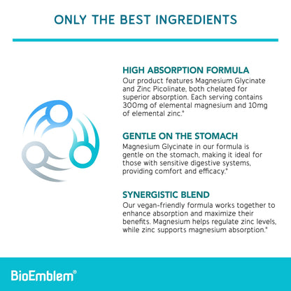 BioEmblem Magnesium Glycinate with Zinc - 300mg Chelated Mg - 90 Caps