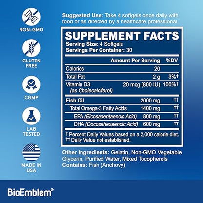 BioEmblem Omega-3 Fish Oil 2000mg – Small Softgels, High Absorption, 120 Ct