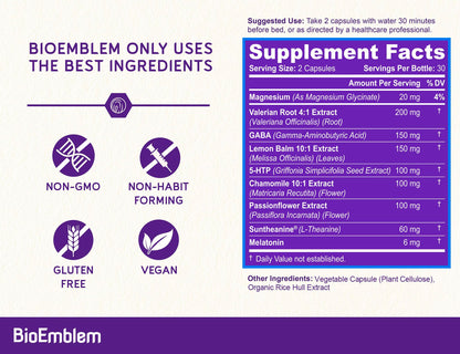 BioEmblem Natural Sleep Aid for Adults with Melatonin, Valerian Root, Suntheanine & More | Healthy Sleep Supplement | Herbal Sleeping Pills | 60 Capsules, 2 Pack