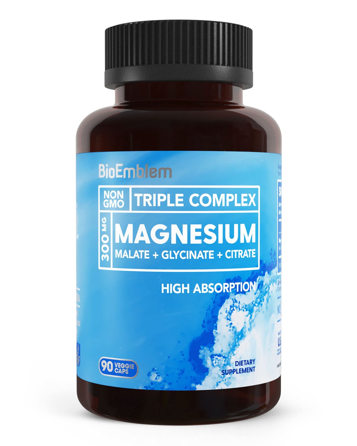 BioEmblem Triple Magnesium Complex - 300mg Mg Glycinate, Malate & Citrate | Vegan, Non-GMO | 90 Capsules