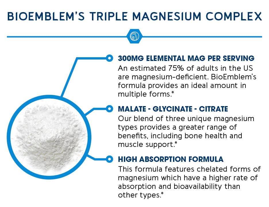 BioEmblem Triple Magnesium Complex 300mg | Glycinate, Malate & Citrate | Vegan 180 Capsules