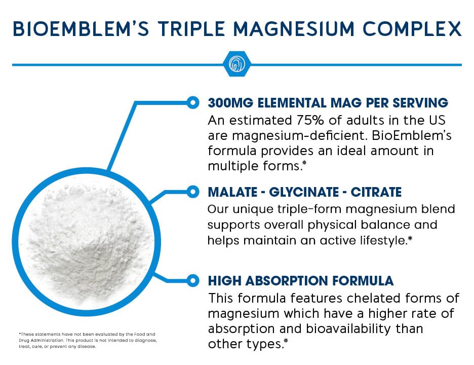 BioEmblem Triple Magnesium Complex - 300mg Mg Glycinate, Malate & Citrate | Vegan, Non-GMO | 90 Capsules