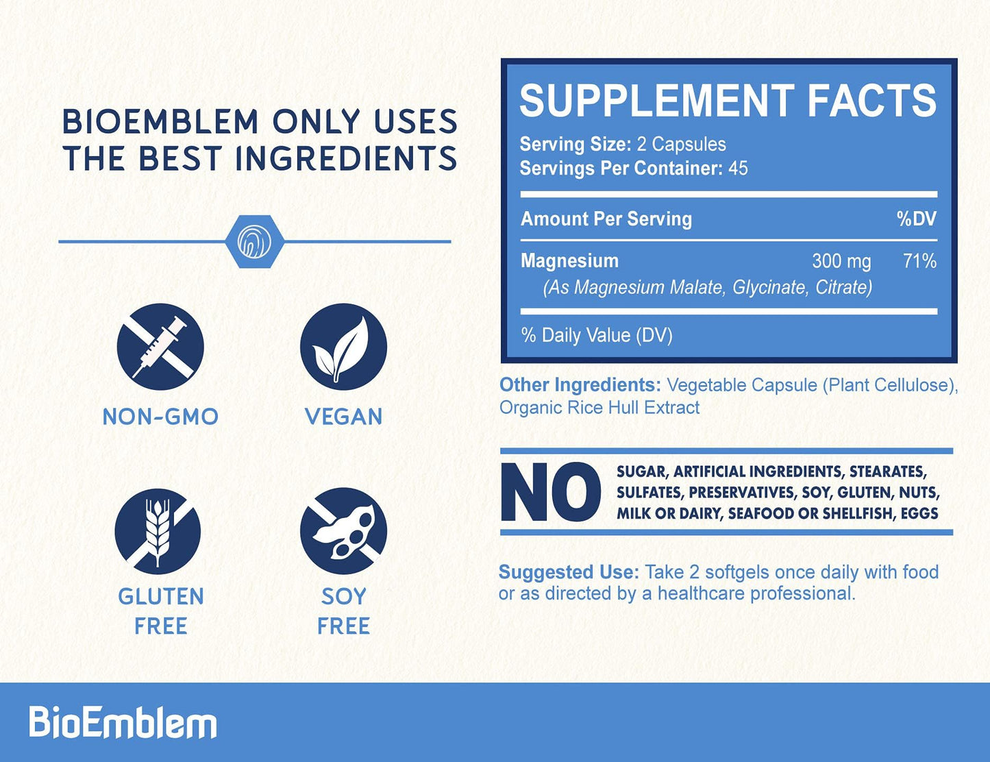 BioEmblem Triple Magnesium Complex - 300mg Mg Glycinate, Malate & Citrate | Vegan, Non-GMO | 90 Capsules