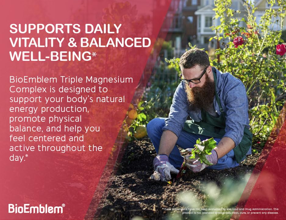 BioEmblem Triple Magnesium Complex - 300mg Mg Glycinate, Malate & Citrate | Vegan, Non-GMO | 90 Capsules